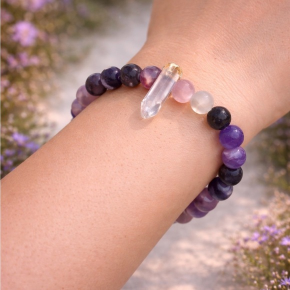 Jewelry - Amethyst & Rose Quartz Beaded Bracelet w/ Quartz Point Charm Frosted Stretch